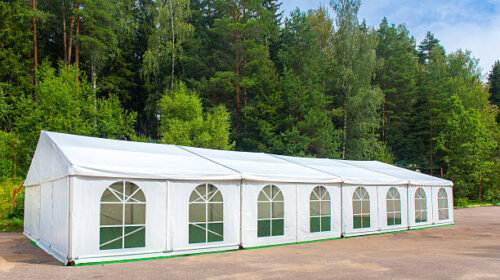 White banquet tent assembled and ready for use